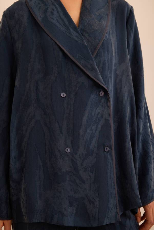 Lacivert Çiçek Dokulu Kruvaze Kapama Tencel Pijama Üstü - 6