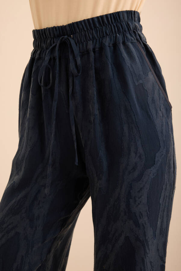 Lacivert Çiçek Dokulu Tencel, Beli Lastikli Pijama Altı - 4