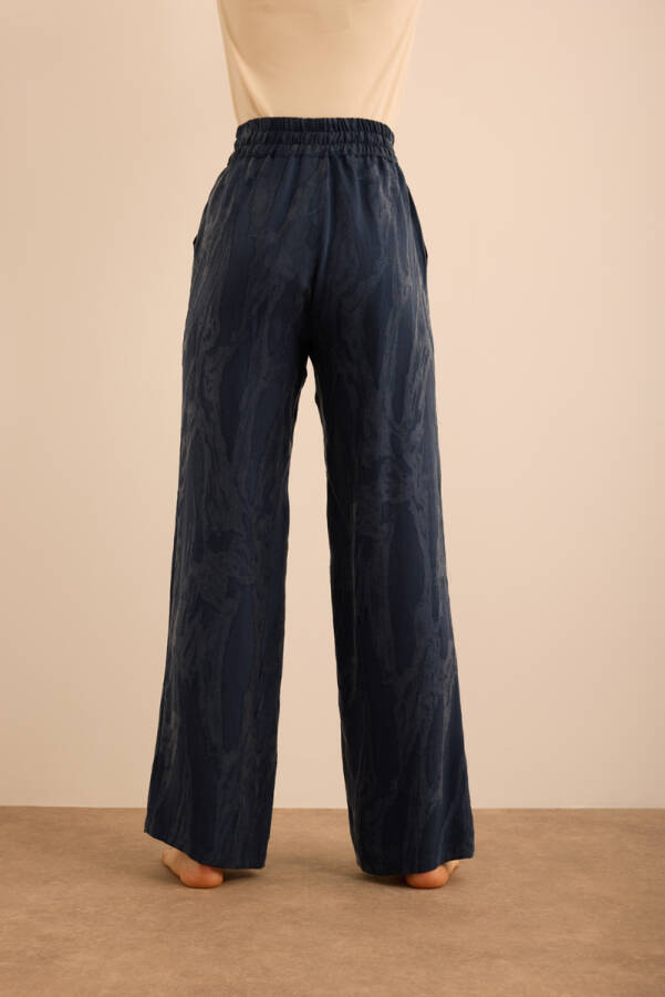 Lacivert Çiçek Dokulu Tencel, Beli Lastikli Pijama Altı - 5