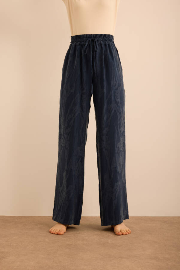 Lacivert Çiçek Dokulu Tencel, Beli Lastikli Pijama Altı - Aker (1)