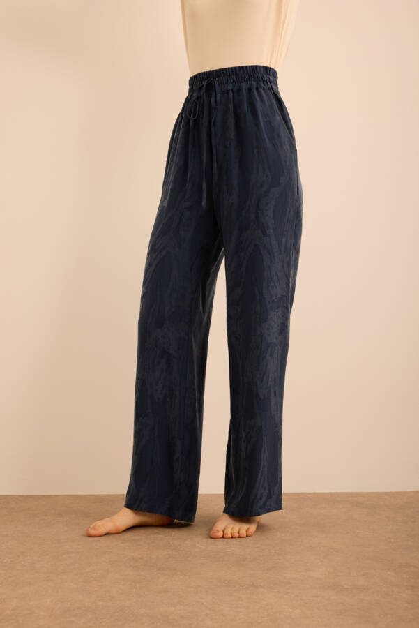 Lacivert Çiçek Dokulu Tencel, Beli Lastikli Pijama Altı - 4