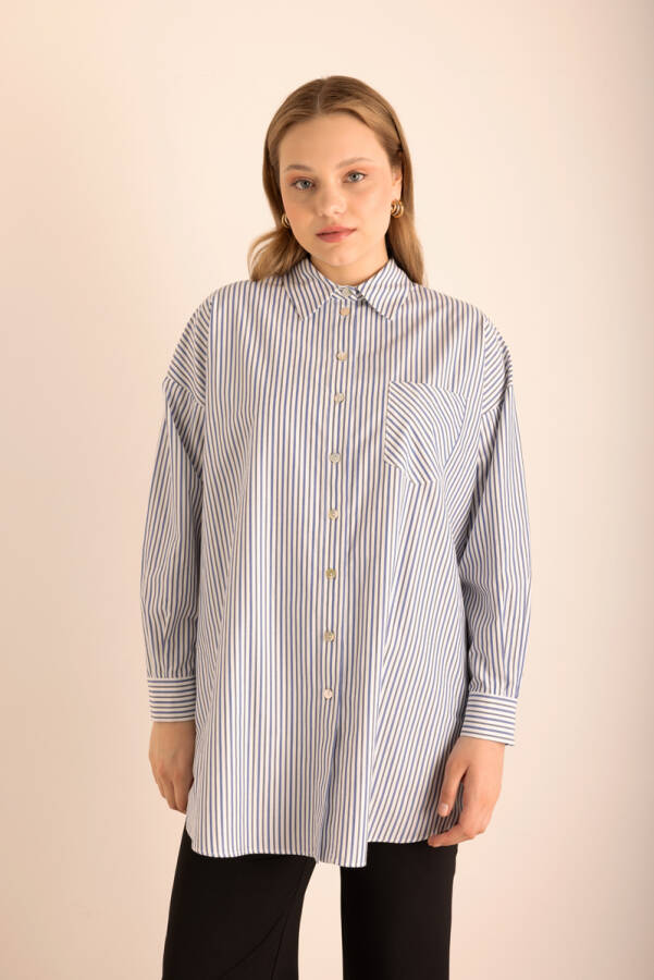 Lacivert Çizgili Cotton Gömlek - Aker
