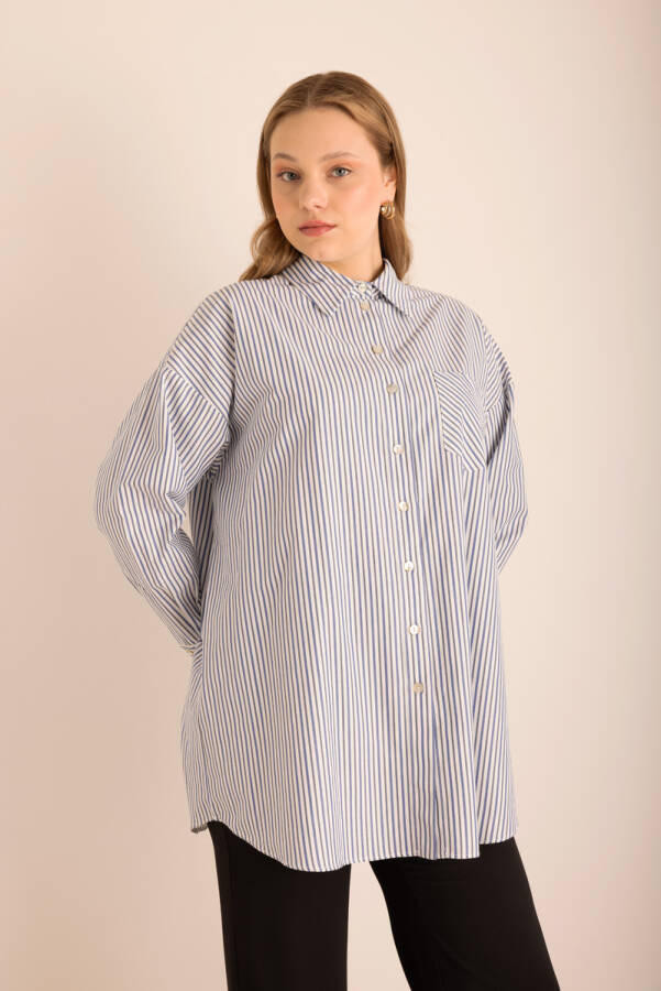 Lacivert Çizgili Cotton Gömlek - 3