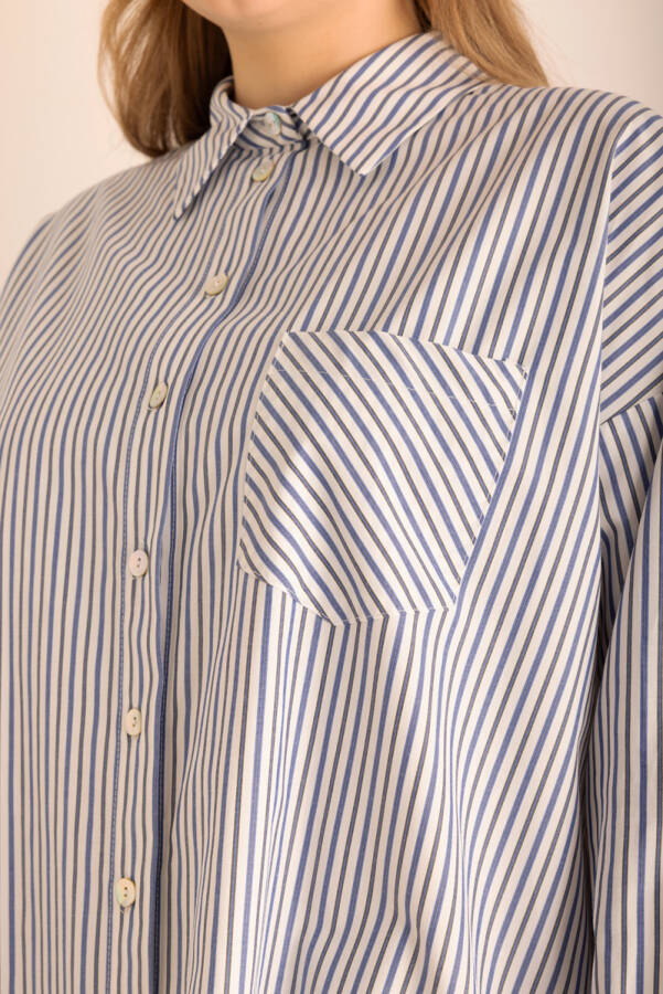 Lacivert Çizgili Cotton Gömlek - 4