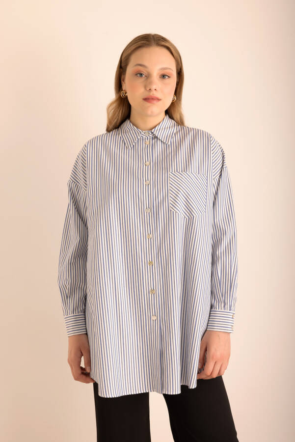 Lacivert Çizgili Cotton Gömlek - 5