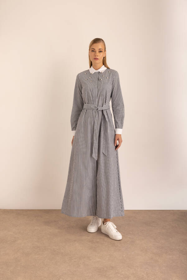 Lacivert Çizgili Cotton İşleme Detaylı Elbise - Aker