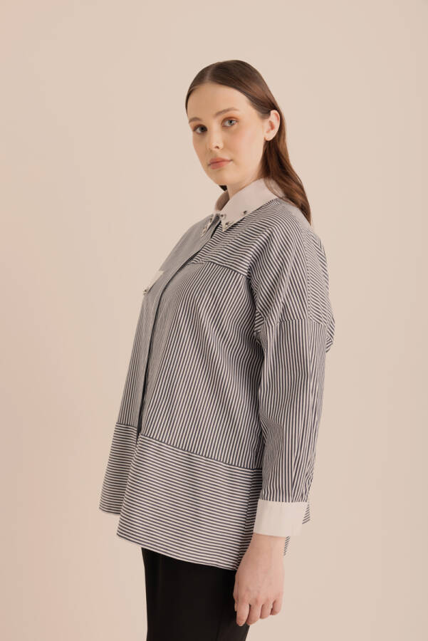 Lacivert Çizgili Cotton Taş İşlemeli Gömlek - 6