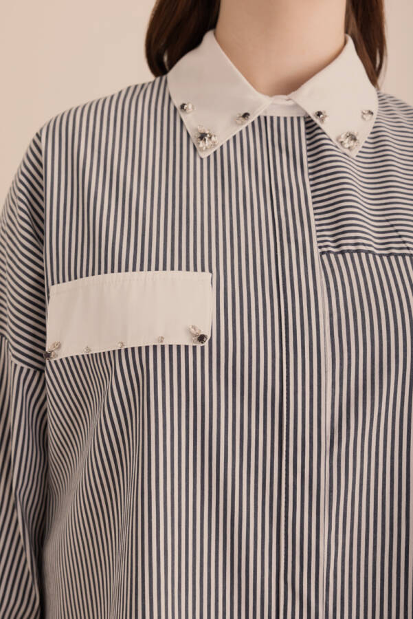 Lacivert Çizgili Cotton Taş İşlemeli Gömlek - 3