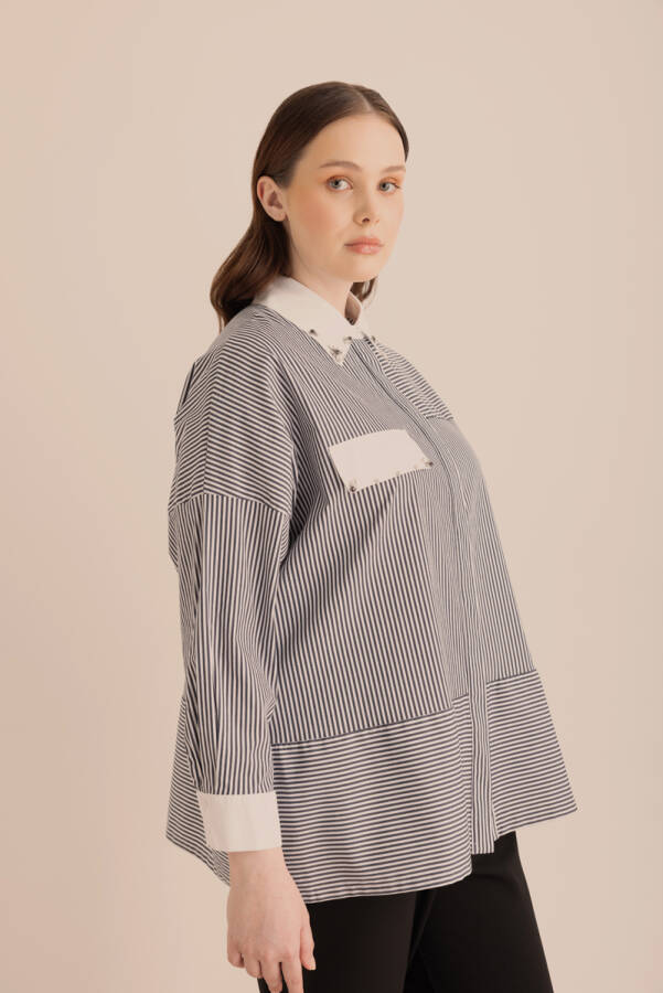 Lacivert Çizgili Cotton Taş İşlemeli Gömlek - 4