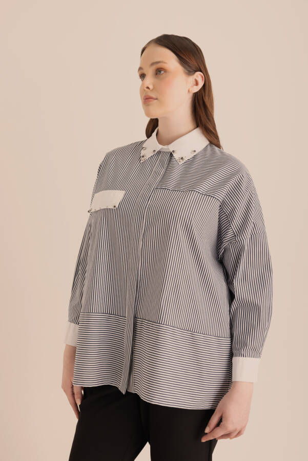 Lacivert Çizgili Cotton Taş İşlemeli Gömlek - 2