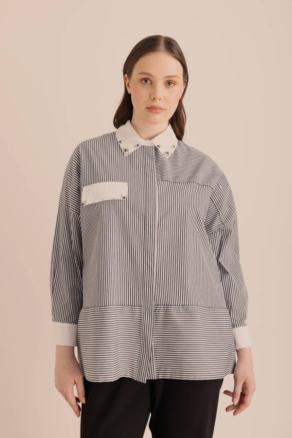 Lacivert Çizgili Cotton Taş İşlemeli Gömlek - 5