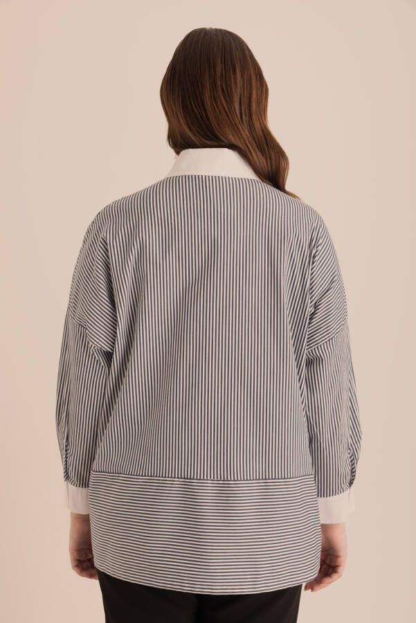 Lacivert Çizgili Cotton Taş İşlemeli Gömlek - 7