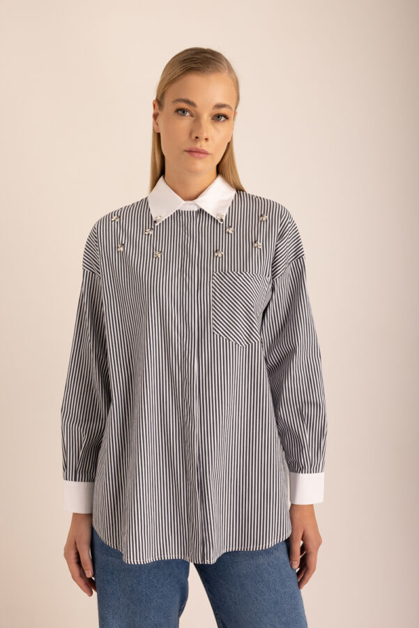 Lacivert Çizgili Cotton Taş İşlemeli Gömlek - 1