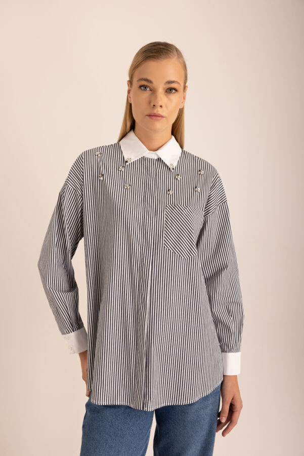 Lacivert Çizgili Cotton Taş İşlemeli Gömlek - 2