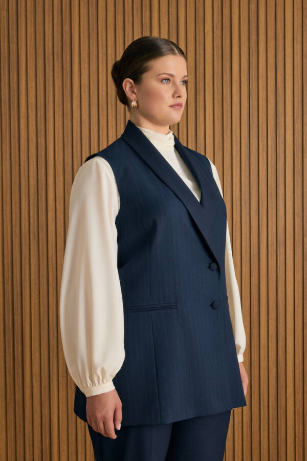 Lacivert Çizgili Dokuma Yelek - 4