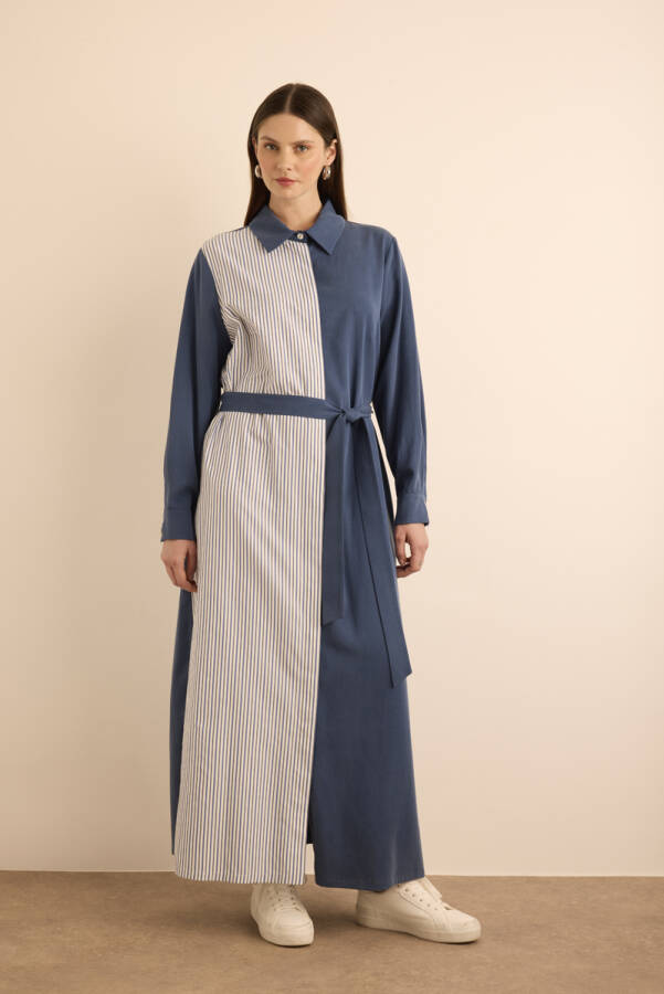 Lacivert Çizgili Garnili Tencel Cotton Gömlek Elbise - 6