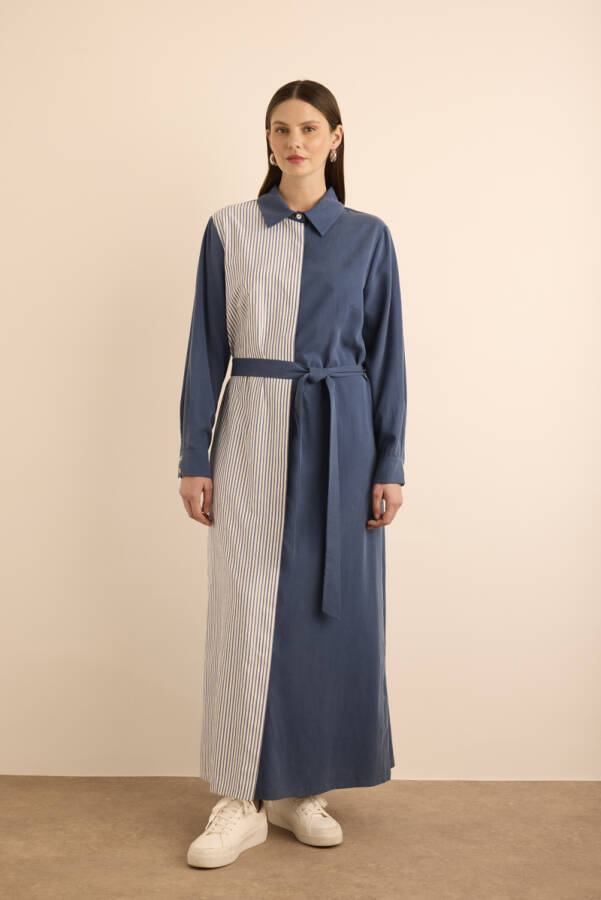 Lacivert Çizgili Garnili Tencel Cotton Gömlek Elbise - 1