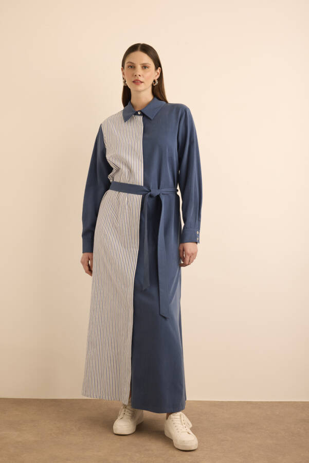 Lacivert Çizgili Garnili Tencel Cotton Gömlek Elbise - 2