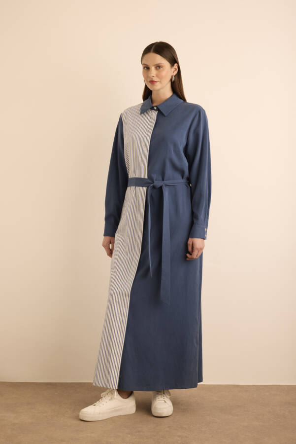 Lacivert Çizgili Garnili Tencel Cotton Gömlek Elbise - 3