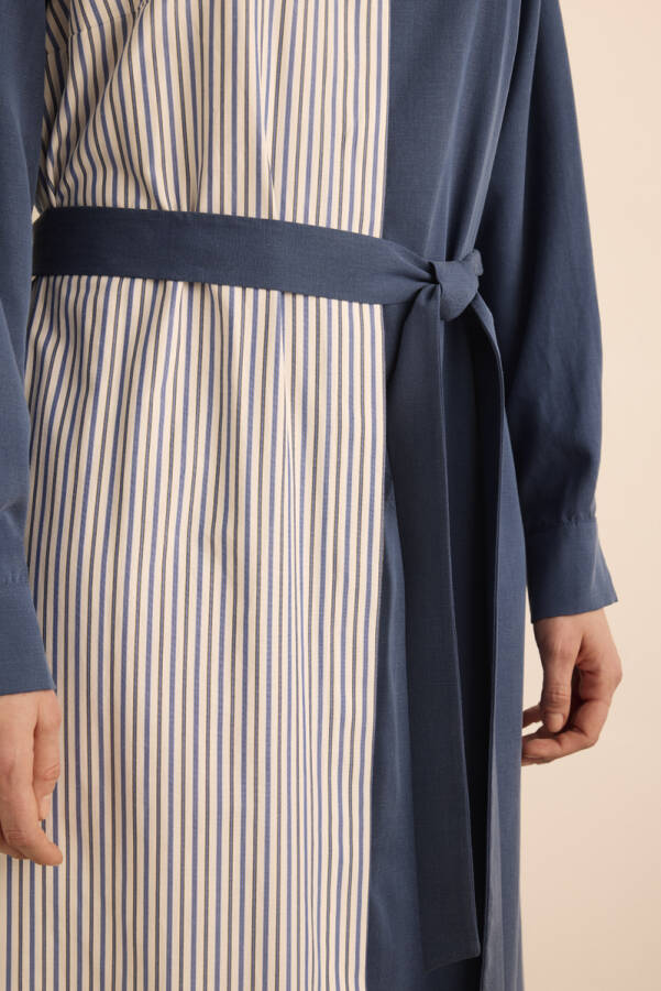 Lacivert Çizgili Garnili Tencel Cotton Gömlek Elbise - 4