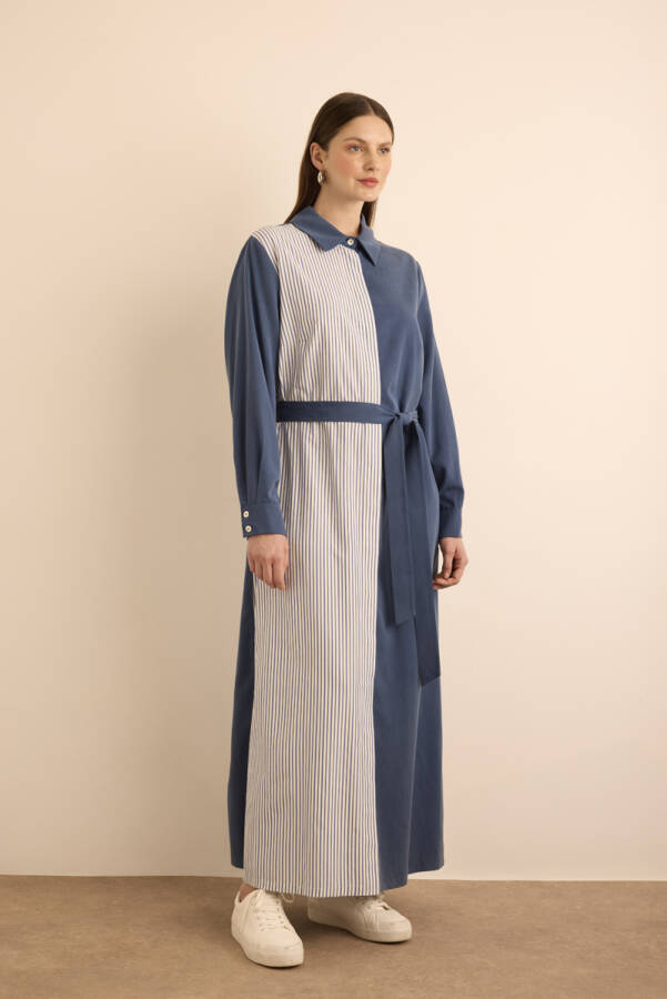 Lacivert Çizgili Garnili Tencel Cotton Gömlek Elbise - 5