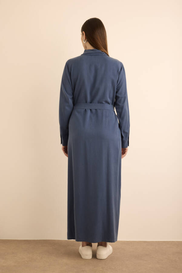 Lacivert Çizgili Garnili Tencel Cotton Gömlek Elbise - 7