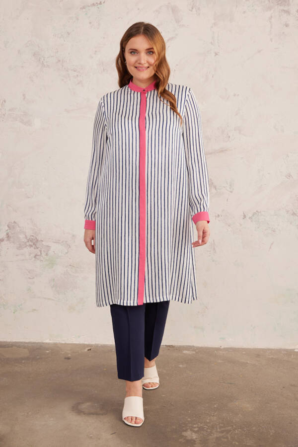 Lacivert Çizgili Saten Tunik - 2
