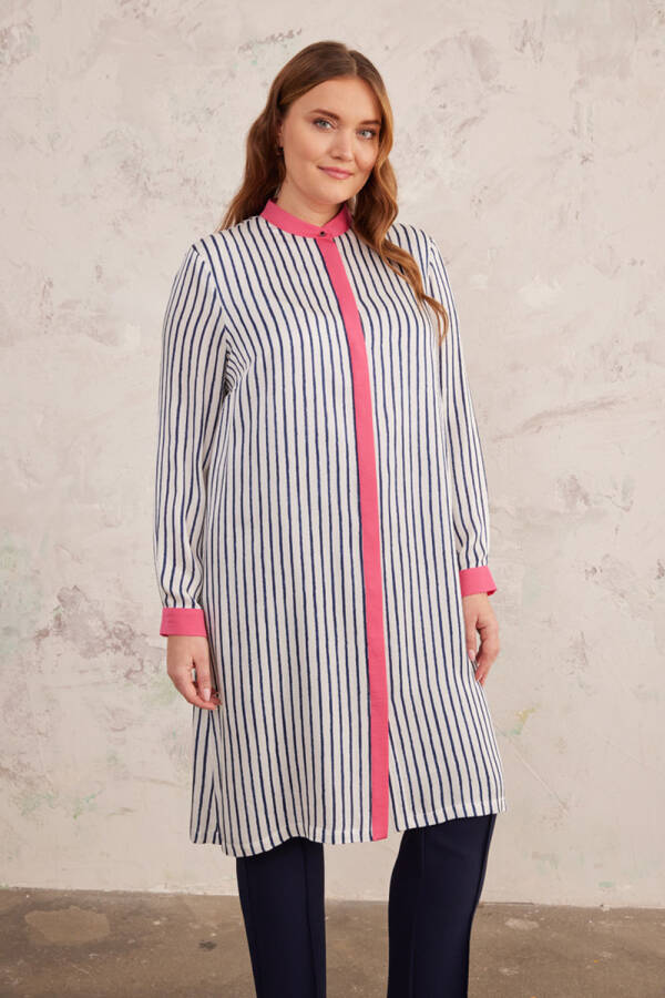 Lacivert Çizgili Saten Tunik - 4