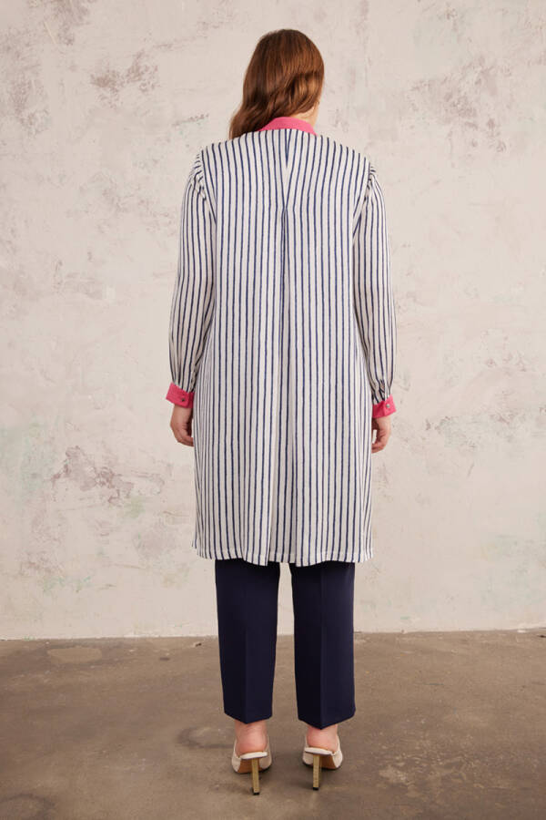 Lacivert Çizgili Saten Tunik - 6