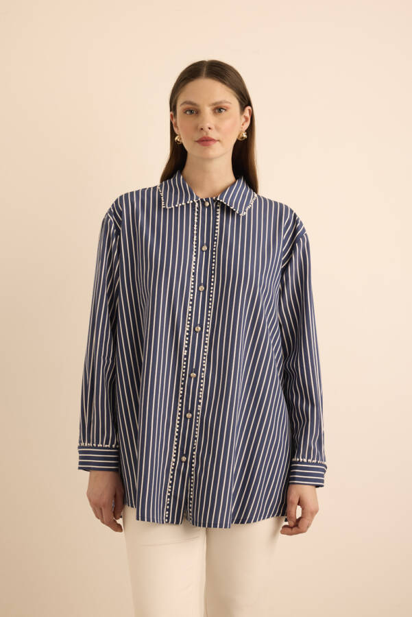 Lacivert Çizgili , Top Şerit Aksesuar Detaylı Viscon Bluz - 1