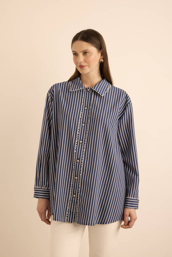 Lacivert Çizgili , Top Şerit Aksesuar Detaylı Viscon Bluz - 2