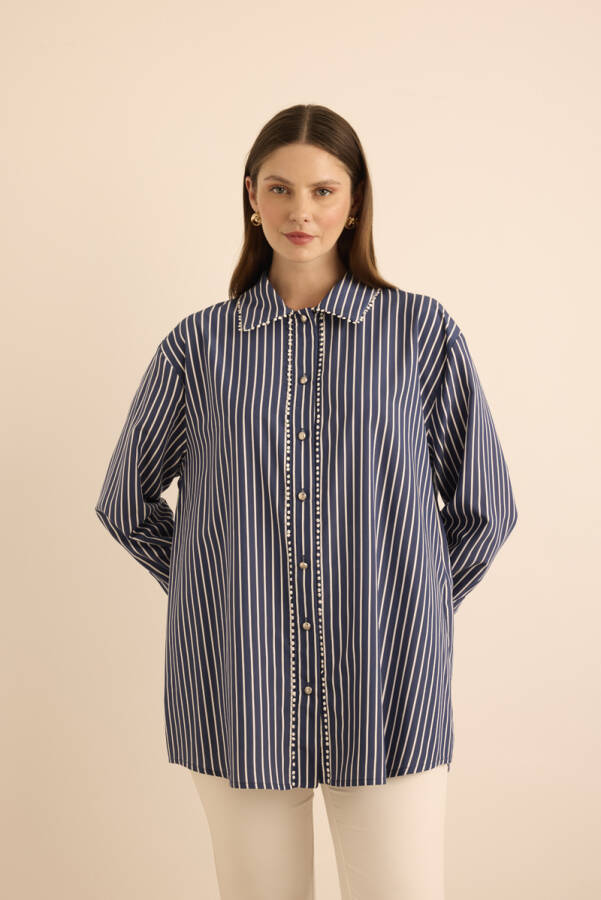 Lacivert Çizgili , Top Şerit Aksesuar Detaylı Viscon Bluz - 3