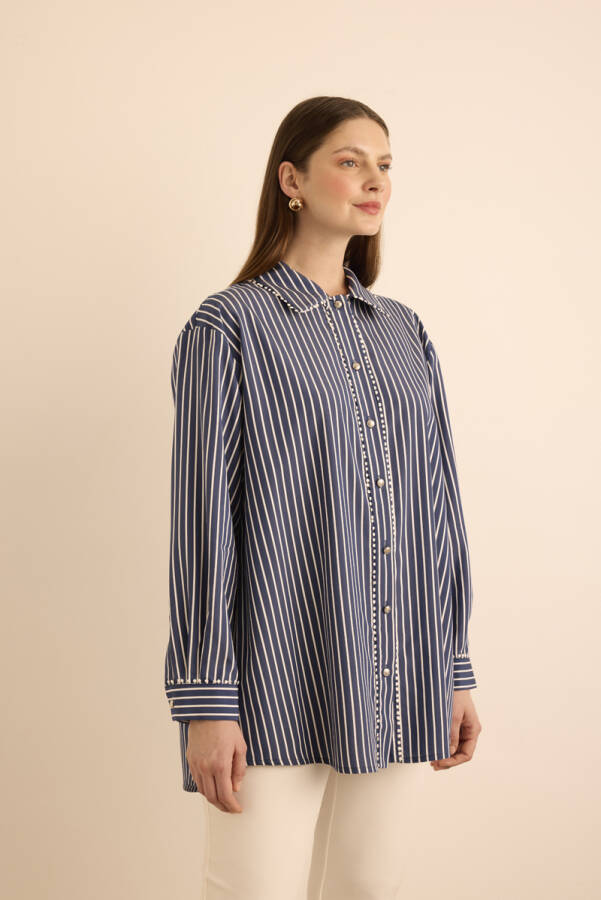 Lacivert Çizgili , Top Şerit Aksesuar Detaylı Viscon Bluz - 4