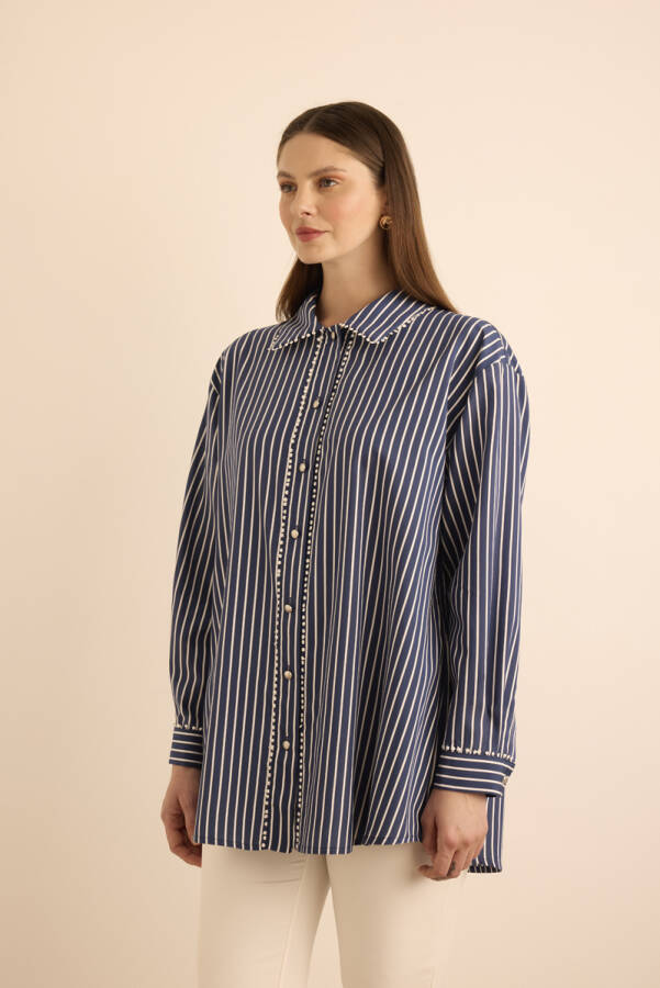 Lacivert Çizgili , Top Şerit Aksesuar Detaylı Viscon Bluz - 5