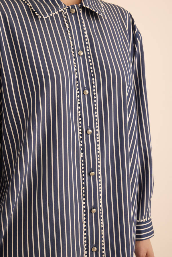 Lacivert Çizgili , Top Şerit Aksesuar Detaylı Viscon Bluz - 6