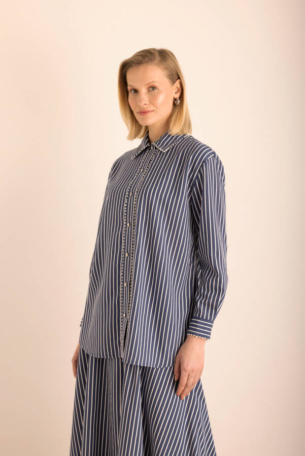 Lacivert Çizgili , Top Şerit Aksesuar Detaylı Viscon Bluz - 3