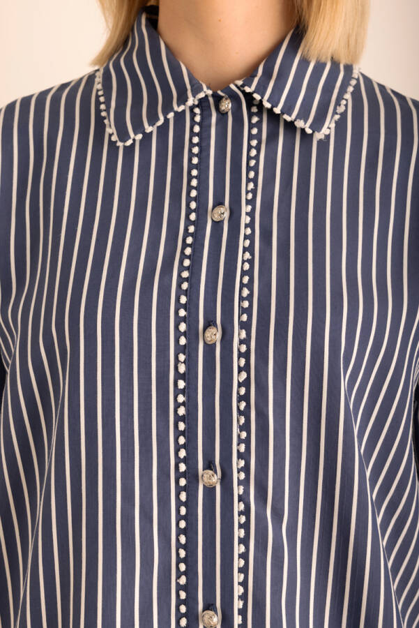 Lacivert Çizgili , Top Şerit Aksesuar Detaylı Viscon Bluz - 4