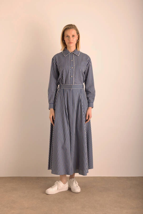 Lacivert Çizgili Top Şerit Aksesuar Detaylı Viscon Etek - Aker (1)