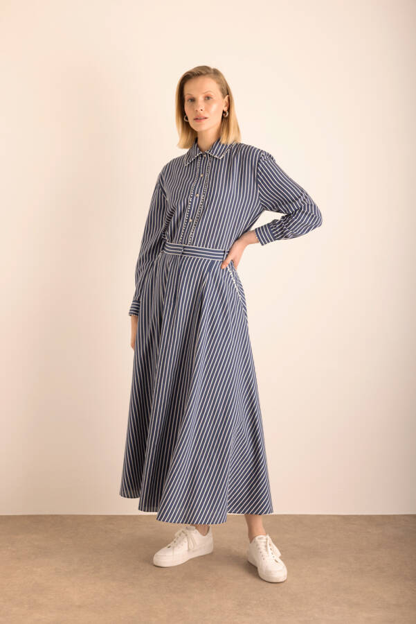 Lacivert Çizgili Top Şerit Aksesuar Detaylı Viscon Etek - 1