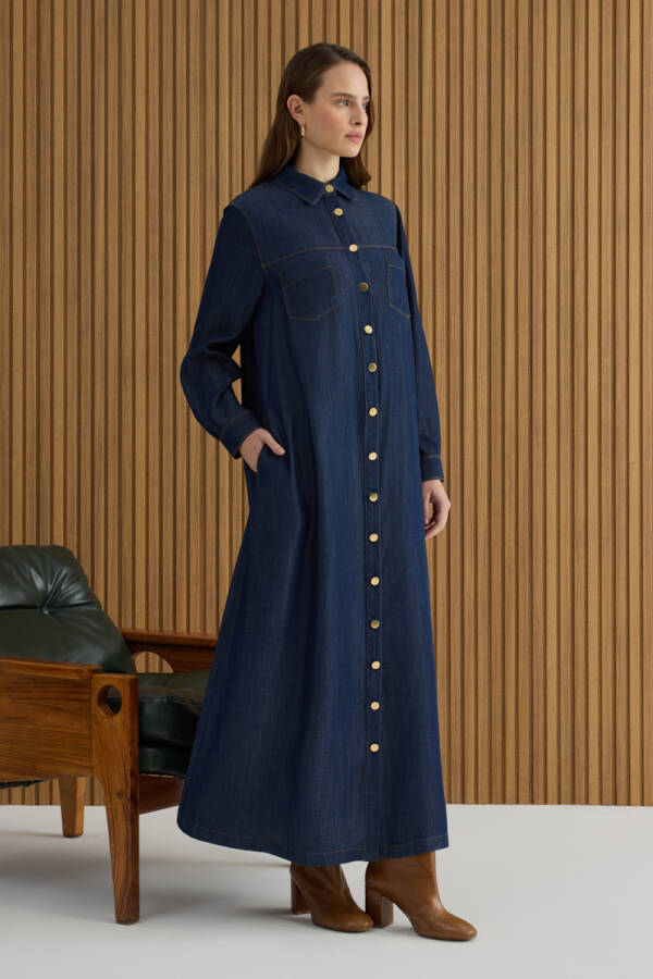 Lacivert Denim Görünümlü Ferace - 3