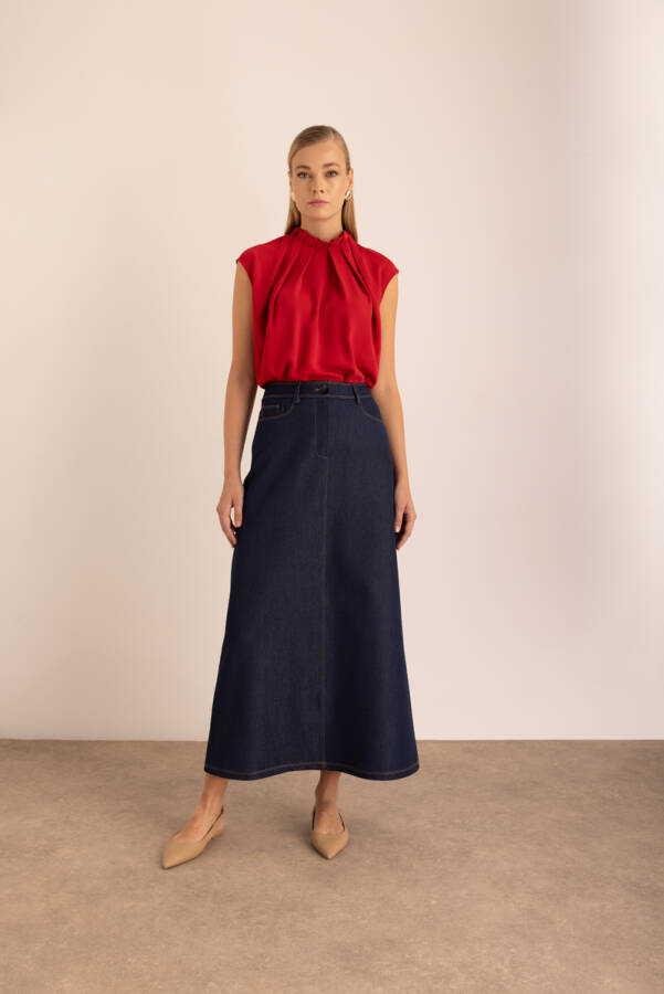 Lacivert Denim Görünümlü Kalem Etek - 1