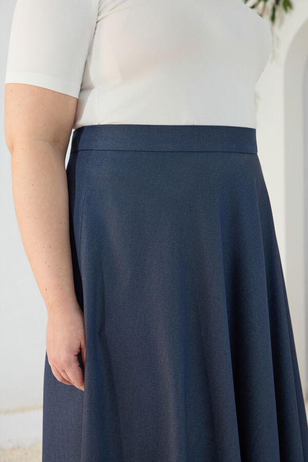 Lacivert Denim Görünümlü Kloş Etek - 6