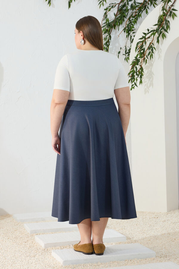 Lacivert Denim Görünümlü Kloş Etek - 7