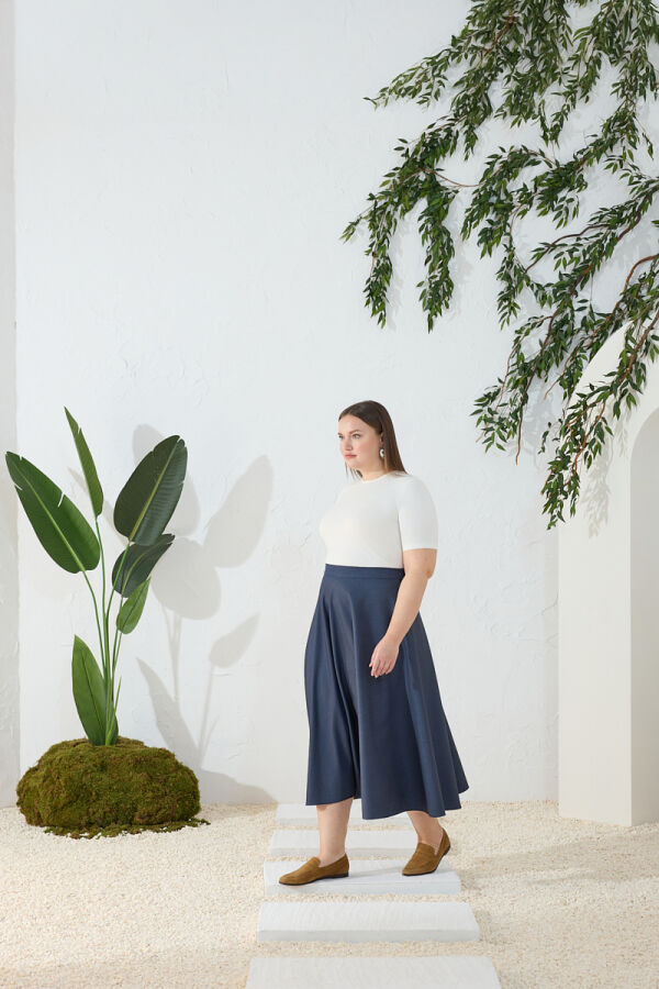 Lacivert Denim Görünümlü Kloş Etek - Aker (1)