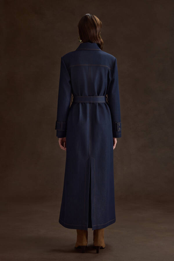 Lacivert Denim Görünümlü Pardösü - 4