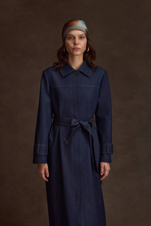 Lacivert Denim Görünümlü Pardösü - Aker