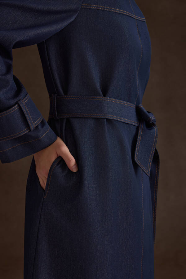 Lacivert Denim Görünümlü Pardösü - 3