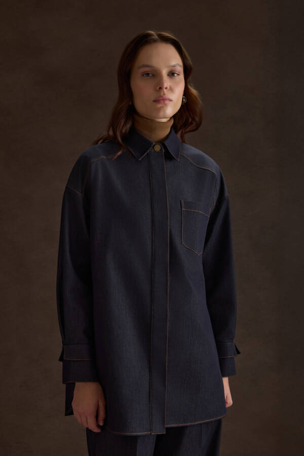 Lacivert Denim Görünümlü Tunik - Aker