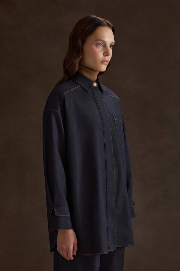 Lacivert Denim Görünümlü Tunik - 4