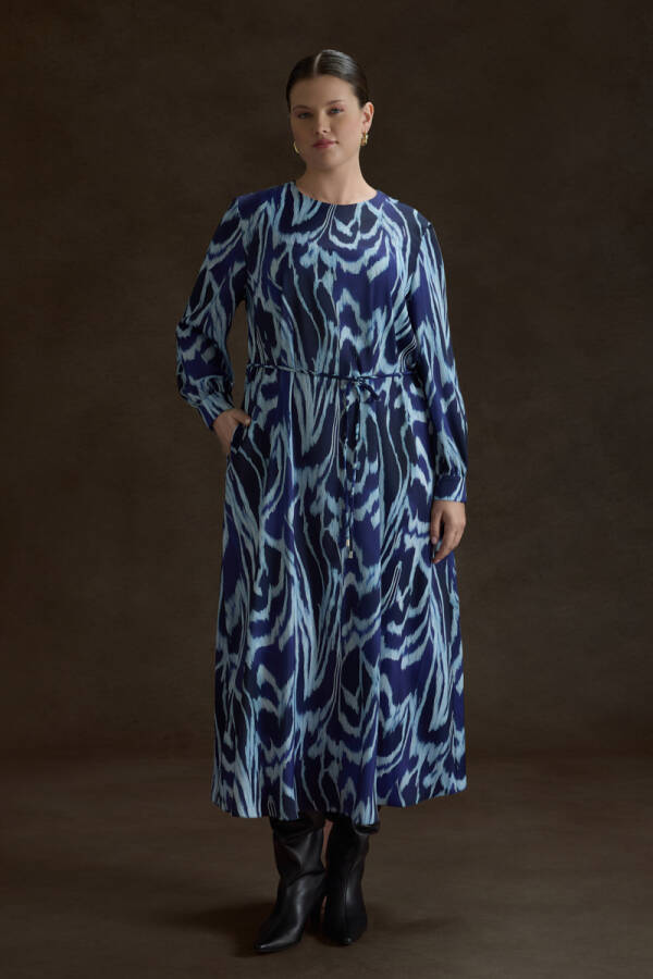 Lacivert Desenli Elbise - 1